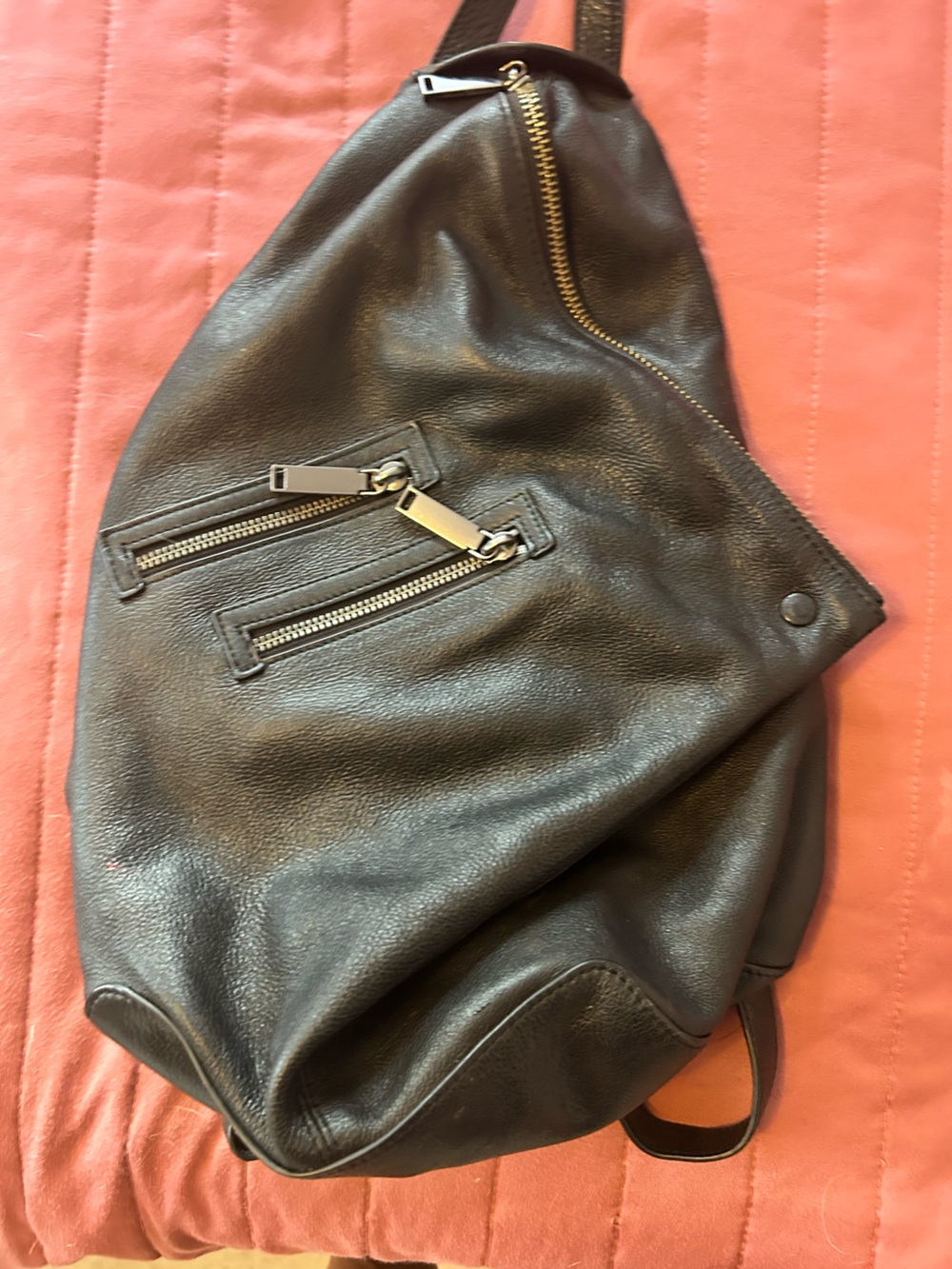 Rebecca Minkoff Black Leather Sling Backpack with Gunmetal Hardware